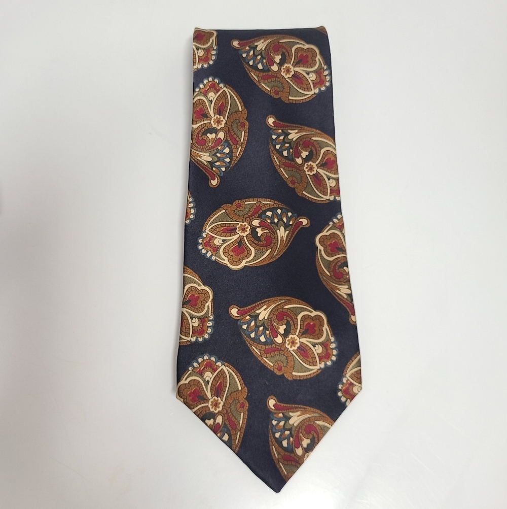 Oscar de la Renta Couture Vintage Silk Tie Navy Red & Brown Paisley Print 80's - Picture 4 of 9